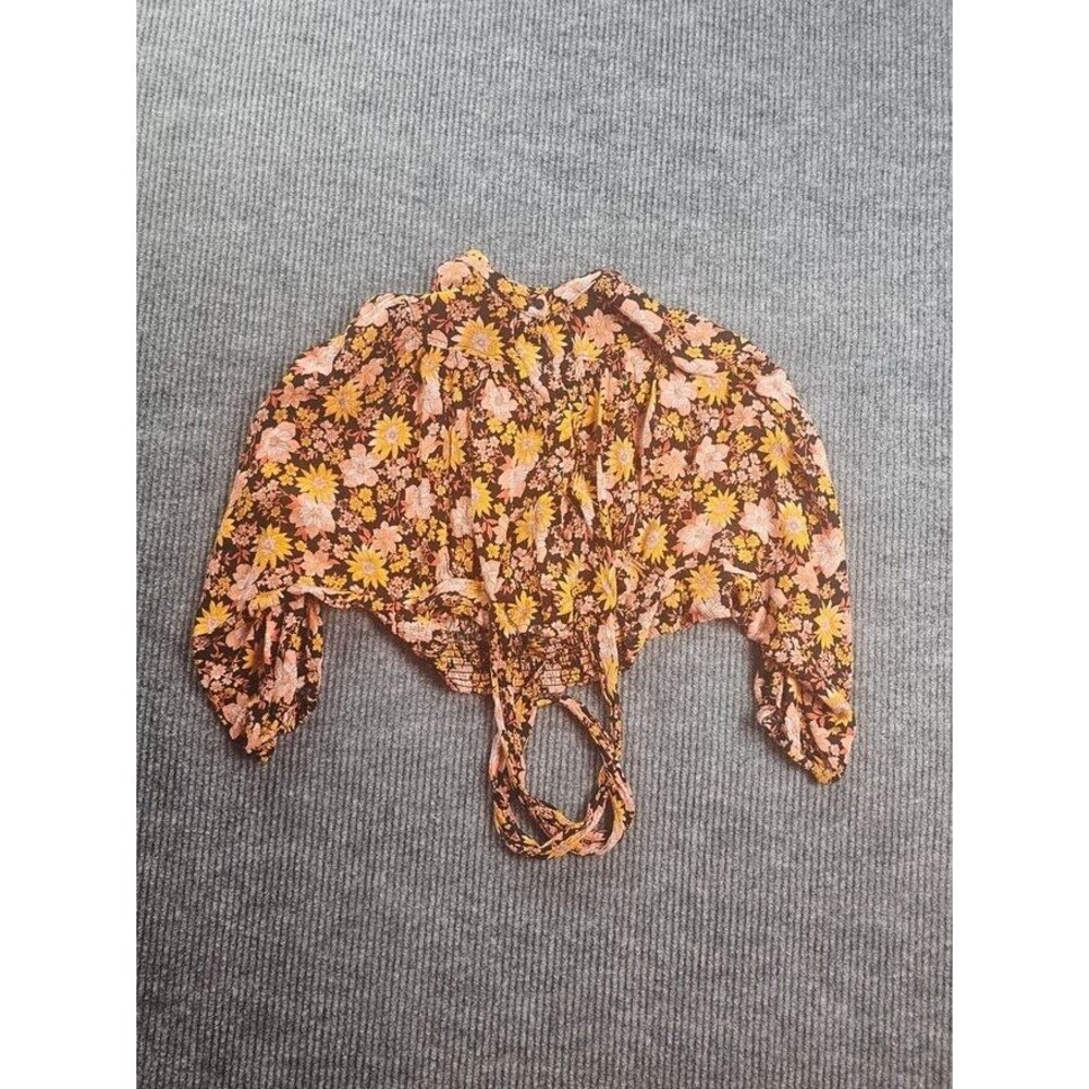 Boho Floral Crop Top Puff Sleeve Smocked Waist Tie Front Brown Yellow Retro XS